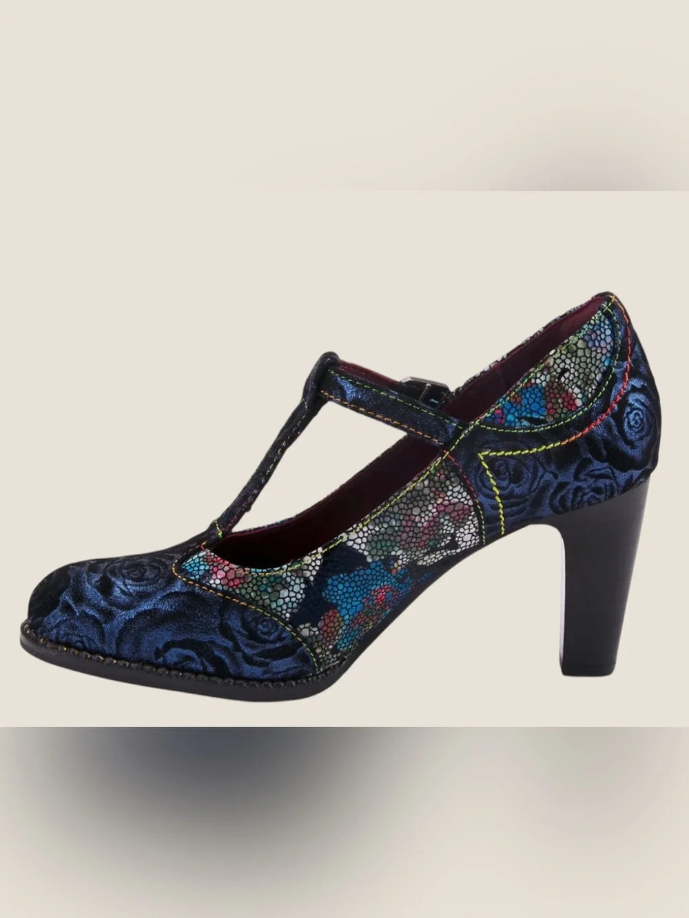 L'Artiste Mazie Navy Leather Floral Mosaic T-Bar Heels